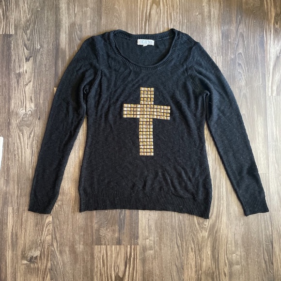 Pink Rose Black Sweater with Gold Cross - Picture 2 of 3